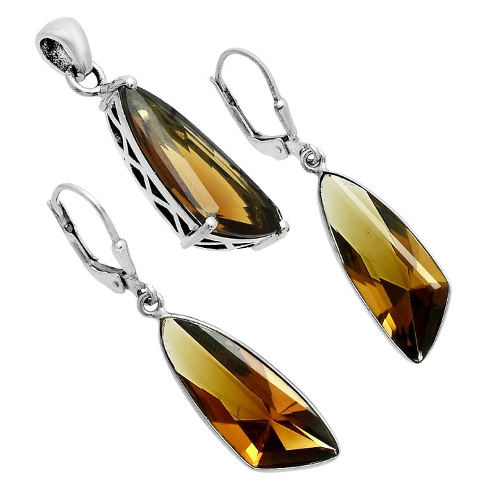 Cognac Quartz Pendant Earrings Set EXT01359 T-1017, 9x24 mm