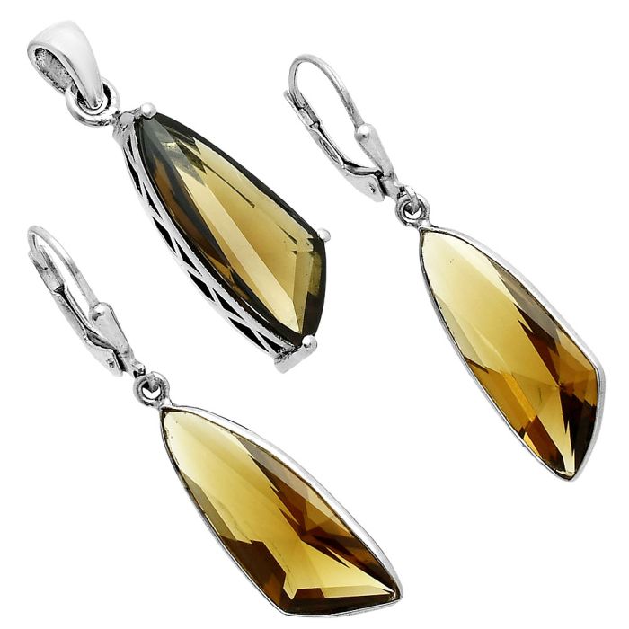 Cognac Quartz Pendant Earrings Set EXT01367 T-1017, 9x24 mm