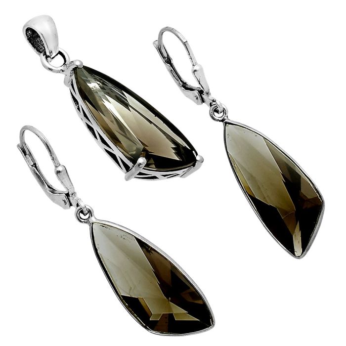 Smoky Quartz Pendant Earrings Set EXT01369 T-1017, 9x24 mm