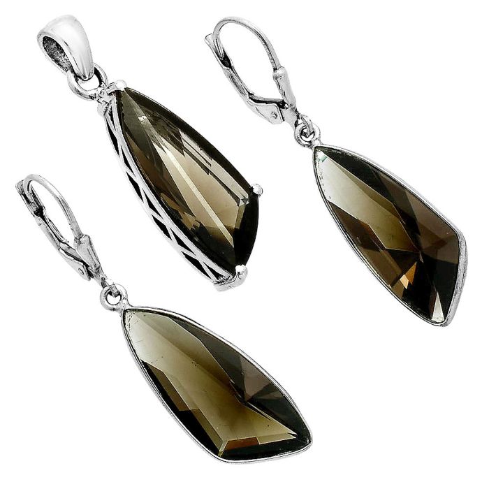 Smoky Quartz Pendant Earrings Set EXT01379 T-1017, 9x24 mm