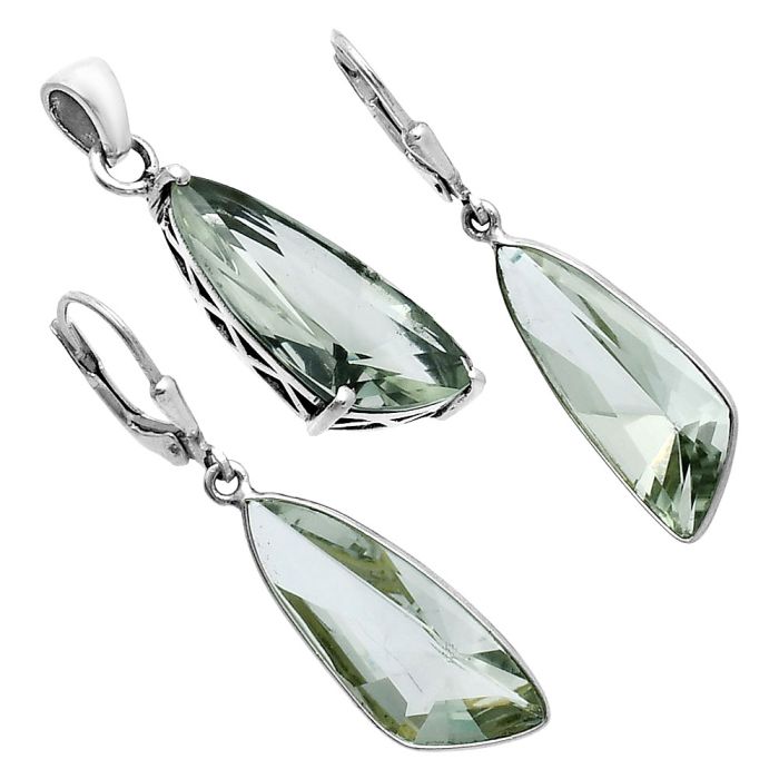 Prasiolite (Green Amethyst) Pendant Earrings Set EXT01411 T-1017, 9x24 mm