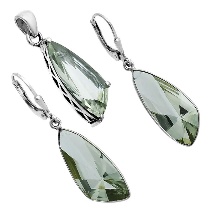 Prasiolite (Green Amethyst) Pendant Earrings Set EXT01431 T-1017, 9x24 mm