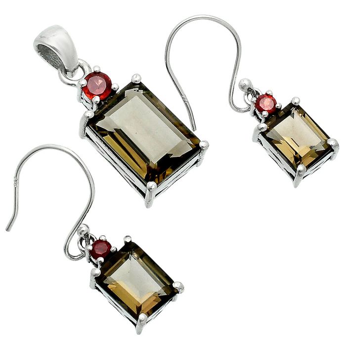 Smoky Quartz and Garnet Pendant Earrings Set EXT01490 T-1019, 10x14 mm