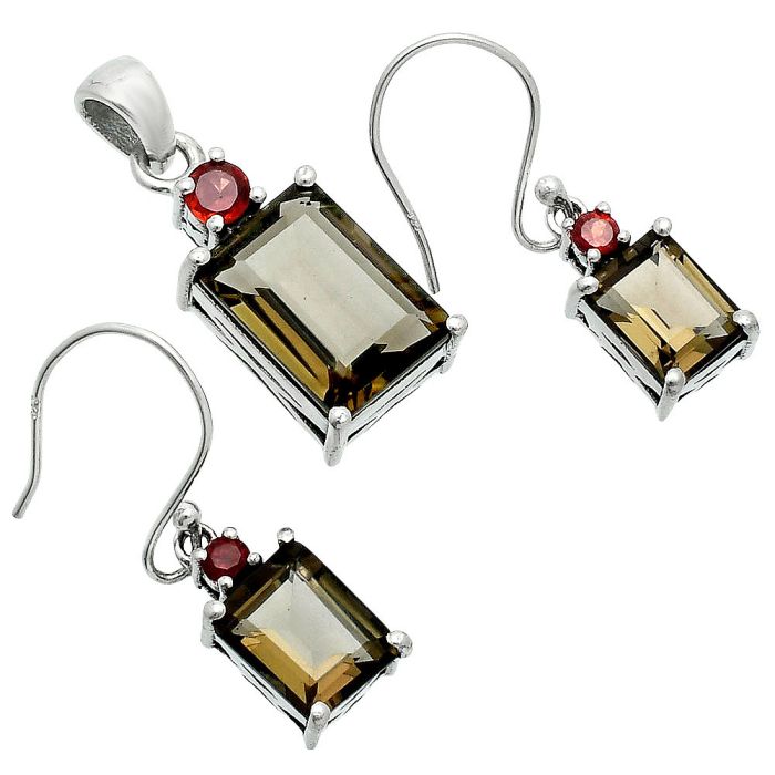 Smoky Quartz and Garnet Pendant Earrings Set EXT01492 T-1019, 10x14 mm