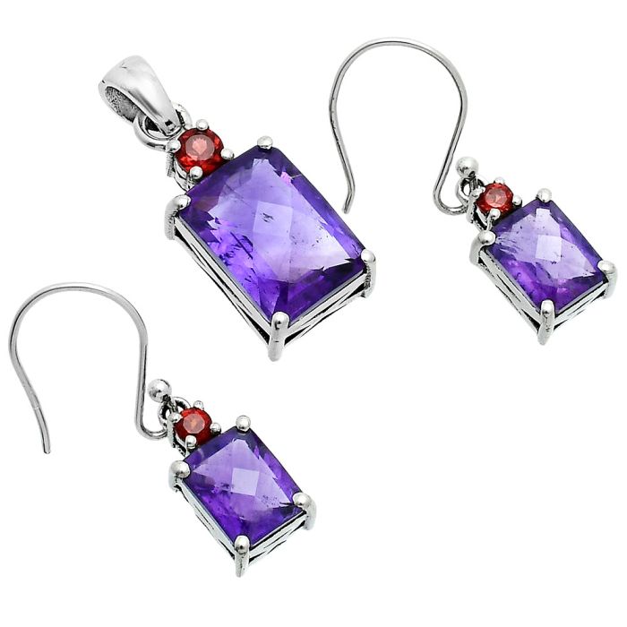 African Amethyst Checker and Garnet Pendant Earrings Set EXT01495 T-1019, 10x14 mm