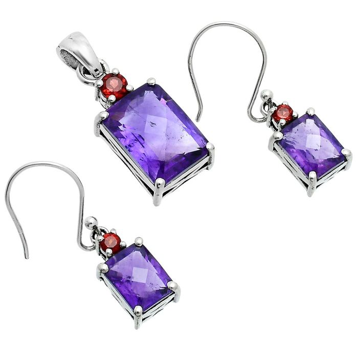 African Amethyst Checker and Garnet Pendant Earrings Set EXT01496 T-1019, 10x14 mm