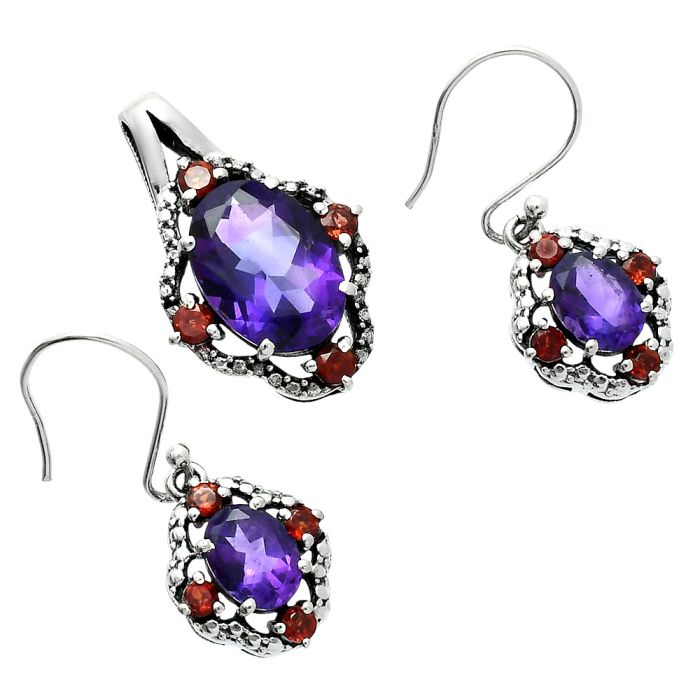 African Amethyst and Garnet Pendant Earrings Set EXT01506 T-1020, 10x14 mm