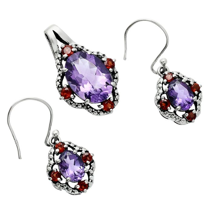 African Amethyst and Garnet Pendant Earrings Set EXT01507 T-1020, 10x14 mm