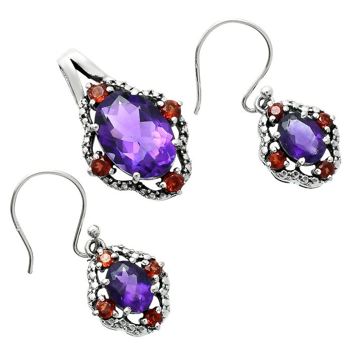 African Amethyst and Garnet Pendant Earrings Set EXT01508 T-1020, 10x14 mm