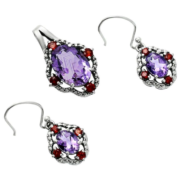 African Amethyst and Garnet Pendant Earrings Set EXT01510 T-1020, 10x14 mm