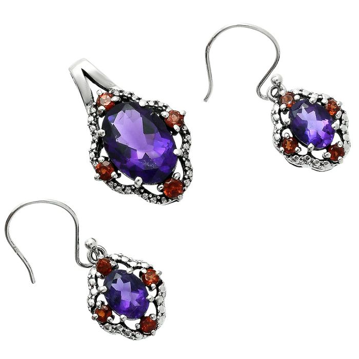 African Amethyst and Garnet Pendant Earrings Set EXT01511 T-1020, 10x14 mm