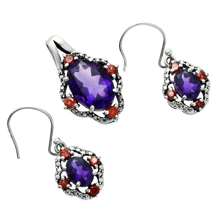 African Amethyst and Garnet Pendant Earrings Set EXT01512 T-1020, 10x14 mm