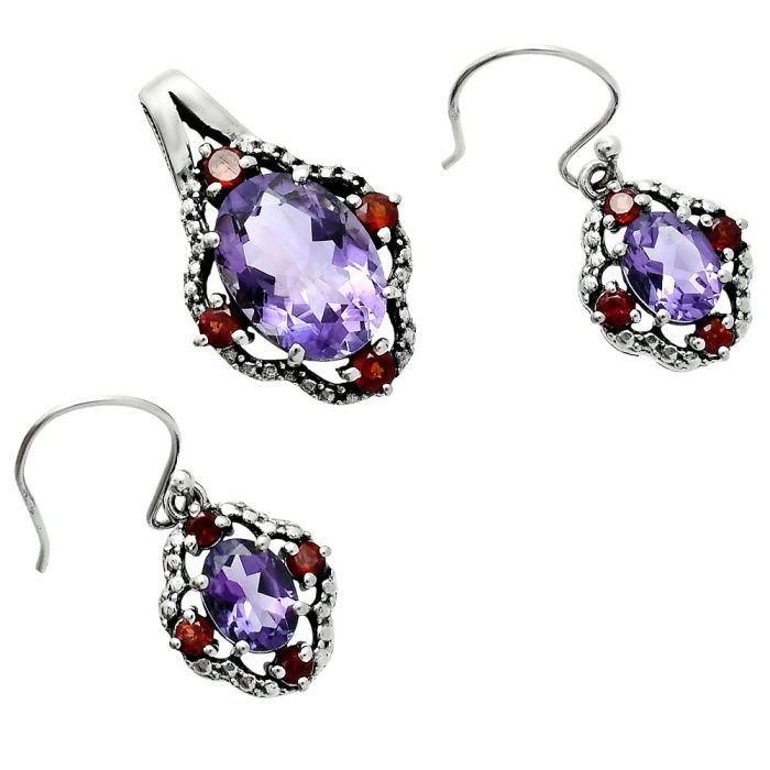 African Amethyst and Garnet Pendant Earrings Set EXT01513 T-1020, 10x14 mm