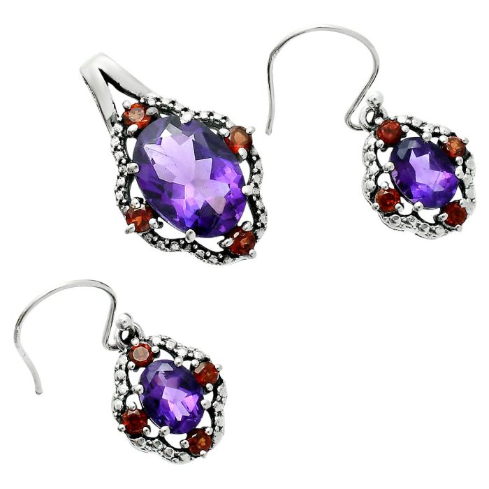 African Amethyst and Garnet Pendant Earrings Set EXT01514 T-1020, 10x14 mm