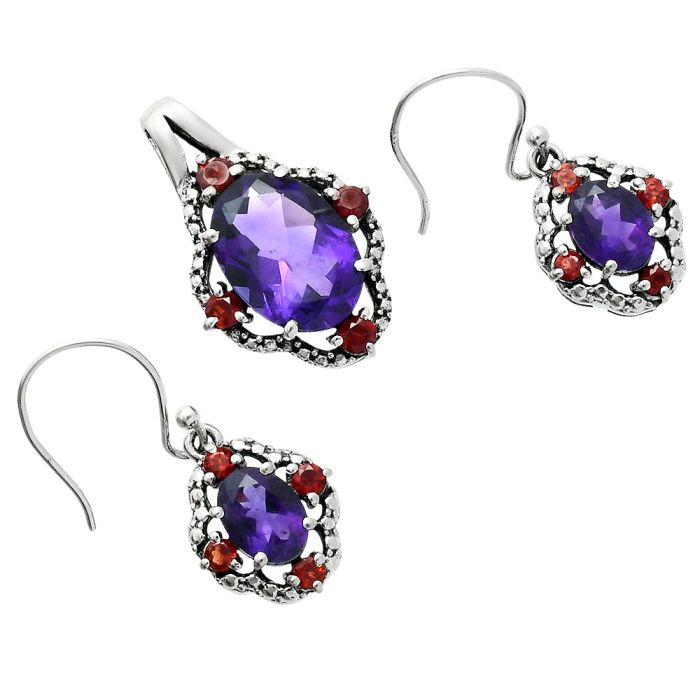 African Amethyst and Garnet Pendant Earrings Set EXT01515 T-1020, 10x14 mm