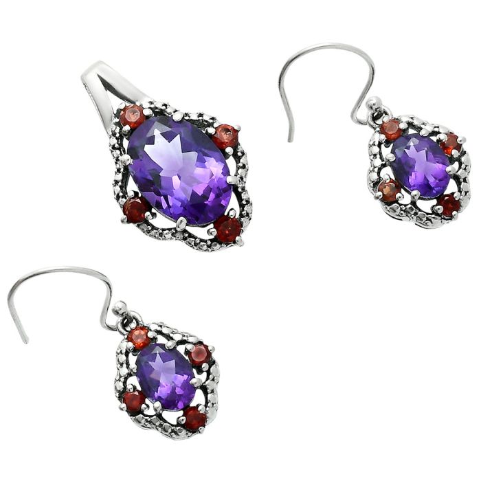 African Amethyst and Garnet Pendant Earrings Set EXT01516 T-1020, 10x14 mm