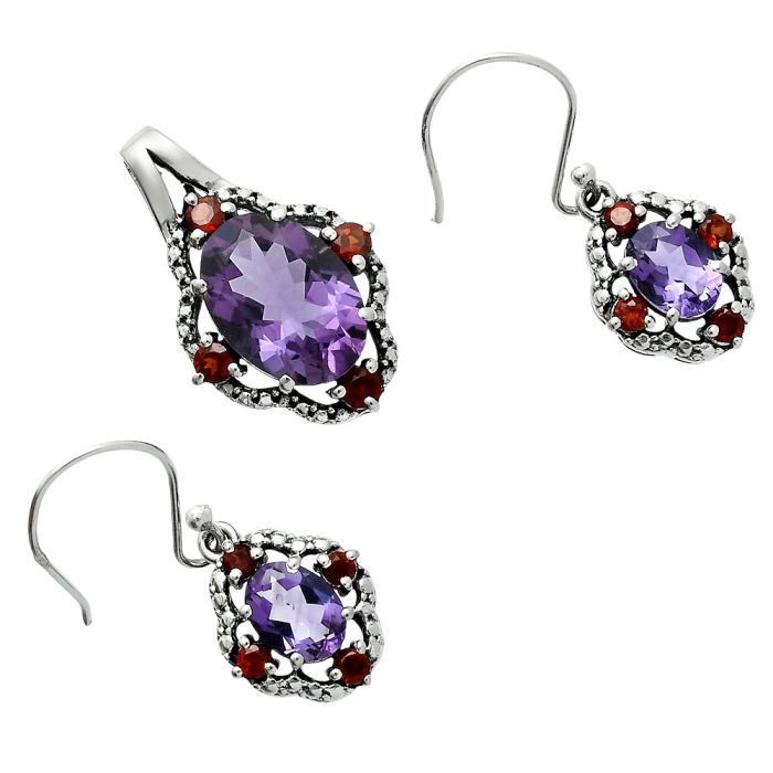 African Amethyst and Garnet Pendant Earrings Set EXT01517 T-1020, 10x14 mm