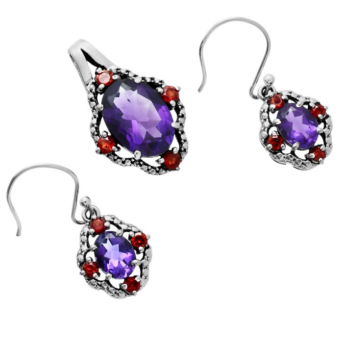 African Amethyst and Garnet Pendant Earrings Set EXT01518 T-1020, 10x14 mm