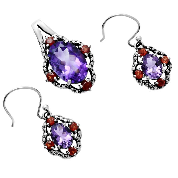 African Amethyst and Garnet Pendant Earrings Set EXT01519 T-1020, 10x14 mm