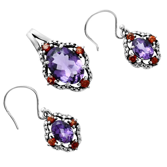 African Amethyst and Garnet Pendant Earrings Set EXT01520 T-1020, 10x14 mm