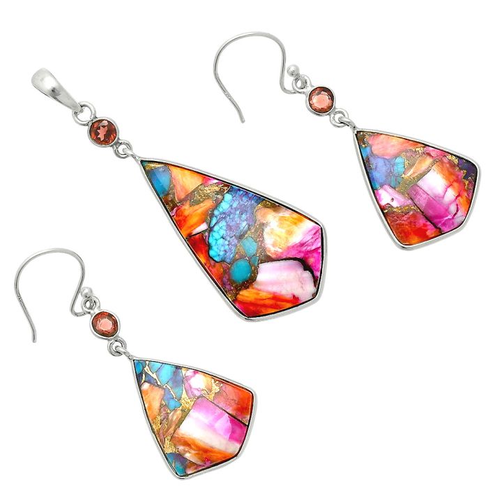 Kingman Orange Dahlia Turquoise and Garnet Pendant Earrings Set EXT01550 T-1010, 18x32 mm