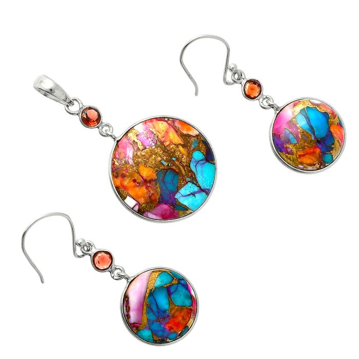 Kingman Orange Dahlia Turquoise and Garnet Pendant Earrings Set EXT01551 T-1010, 21x21 mm