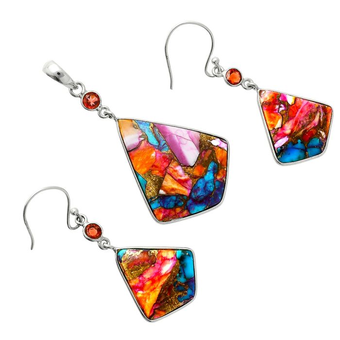 Kingman Orange Dahlia Turquoise and Garnet Pendant Earrings Set EXT01552 T-1010, 24x29 mm