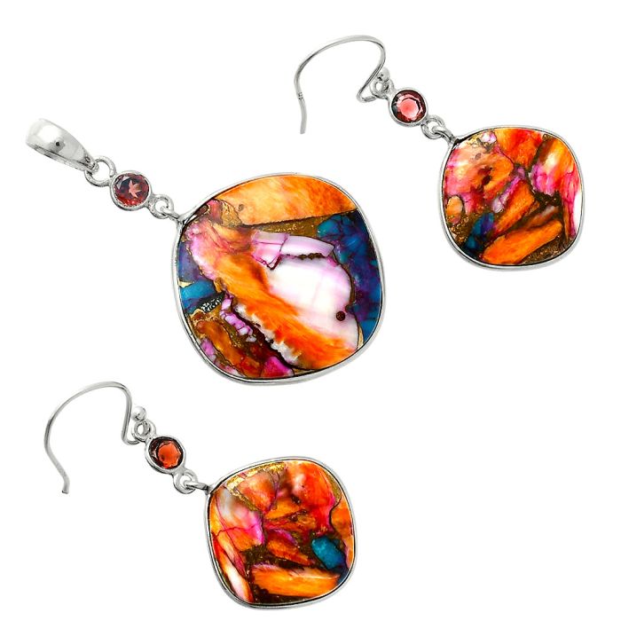 Kingman Orange Dahlia Turquoise and Garnet Pendant Earrings Set EXT01553 T-1010, 23x23 mm