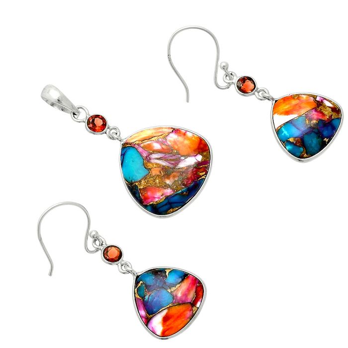 Kingman Orange Dahlia Turquoise and Garnet Pendant Earrings Set EXT01554 T-1010, 19x19 mm