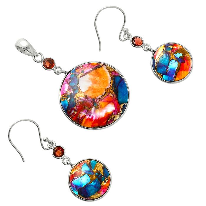 Kingman Orange Dahlia Turquoise and Garnet Pendant Earrings Set EXT01555 T-1010, 23x23 mm