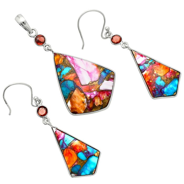 Kingman Orange Dahlia Turquoise and Garnet Pendant Earrings Set EXT01559 T-1010, 22x28 mm