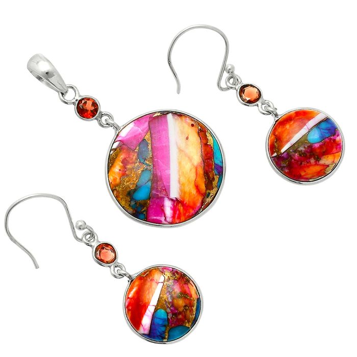 Kingman Orange Dahlia Turquoise and Garnet Pendant Earrings Set EXT01560 T-1010, 21x21 mm