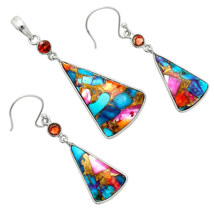 Kingman Orange Dahlia Turquoise and Garnet Pendant Earrings Set EXT01561 T-1010, 18x28 mm