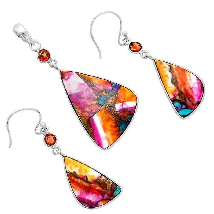 Kingman Orange Dahlia Turquoise and Garnet Pendant Earrings Set EXT01562 T-1010, 19x29 mm