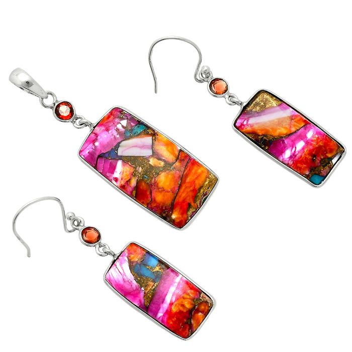 Kingman Orange Dahlia Turquoise and Garnet Pendant Earrings Set EXT01563 T-1010, 15x27 mm