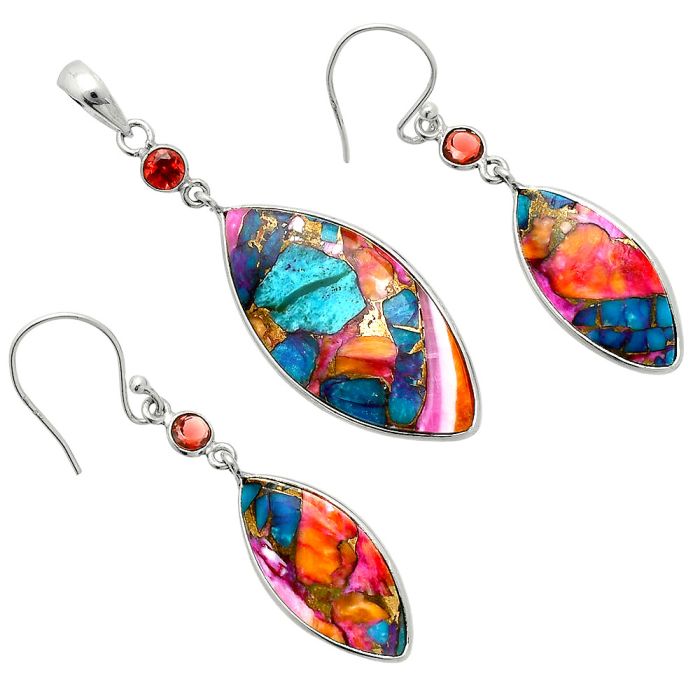 Kingman Orange Dahlia Turquoise and Garnet Pendant Earrings Set EXT01564 T-1010, 16x32 mm