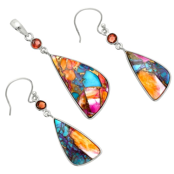 Kingman Orange Dahlia Turquoise and Garnet Pendant Earrings Set EXT01565 T-1010, 15x29 mm