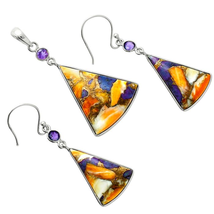 Spiny Oyster Turquoise and Amethyst Pendant Earrings Set EXT01567 T-1010, 22x27 mm