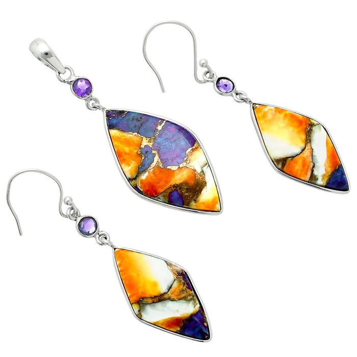 Spiny Oyster Turquoise and Amethyst Pendant Earrings Set EXT01569 T-1010, 16x30 mm