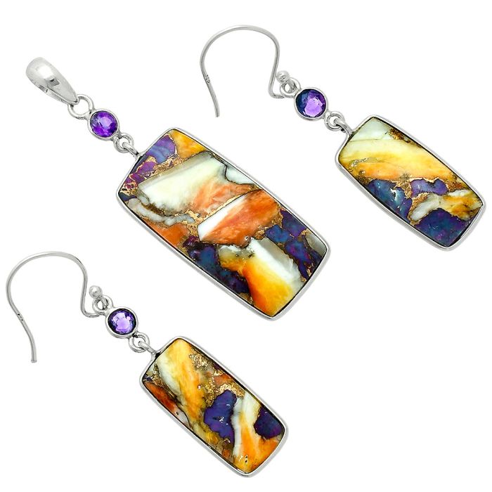 Spiny Oyster Turquoise and Amethyst Pendant Earrings Set EXT01571 T-1010, 14x29 mm