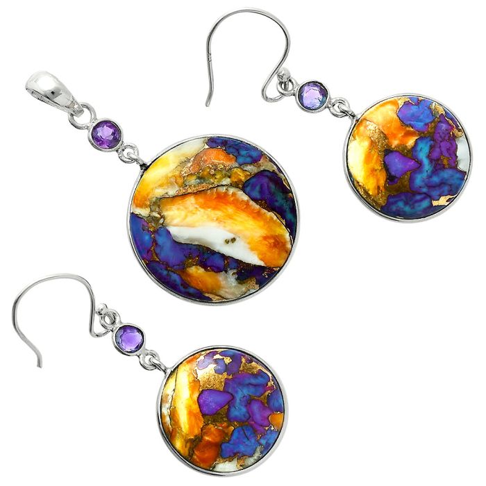 Spiny Oyster Turquoise and Amethyst Pendant Earrings Set EXT01572 T-1010, 22x22 mm