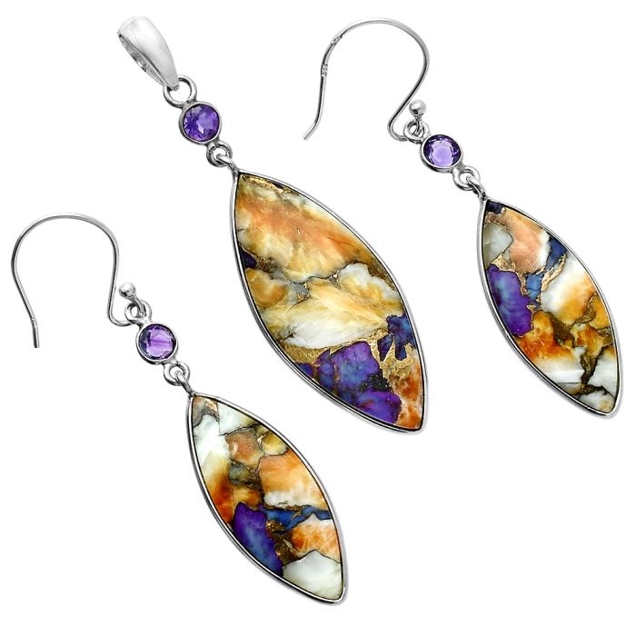 Spiny Oyster Turquoise and Amethyst Pendant Earrings Set EXT01577 T-1010, 14x33 mm