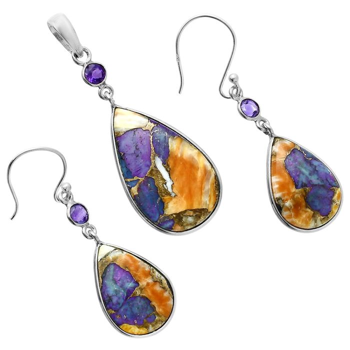 Spiny Oyster Turquoise and Amethyst Pendant Earrings Set EXT01578 T-1010, 16x26 mm