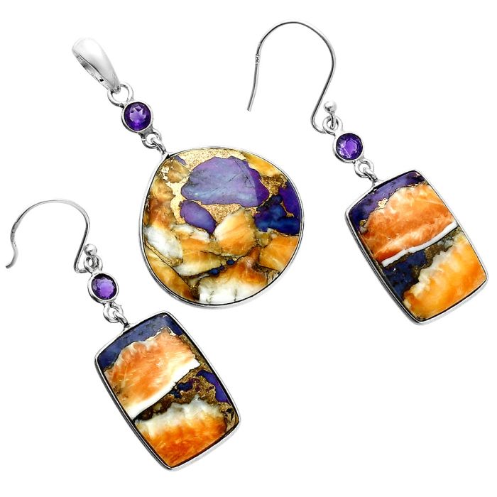 Spiny Oyster Turquoise and Amethyst Pendant Earrings Set EXT01580 T-1010, 23x23 mm