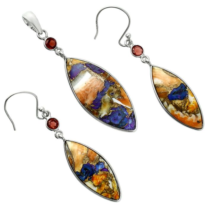 Spiny Oyster Turquoise and Garnet Pendant Earrings Set EXT01581 T-1010, 14x32 mm