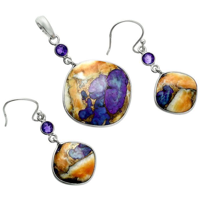 Spiny Oyster Turquoise and Amethyst Pendant Earrings Set EXT01582 T-1010, 22x22 mm