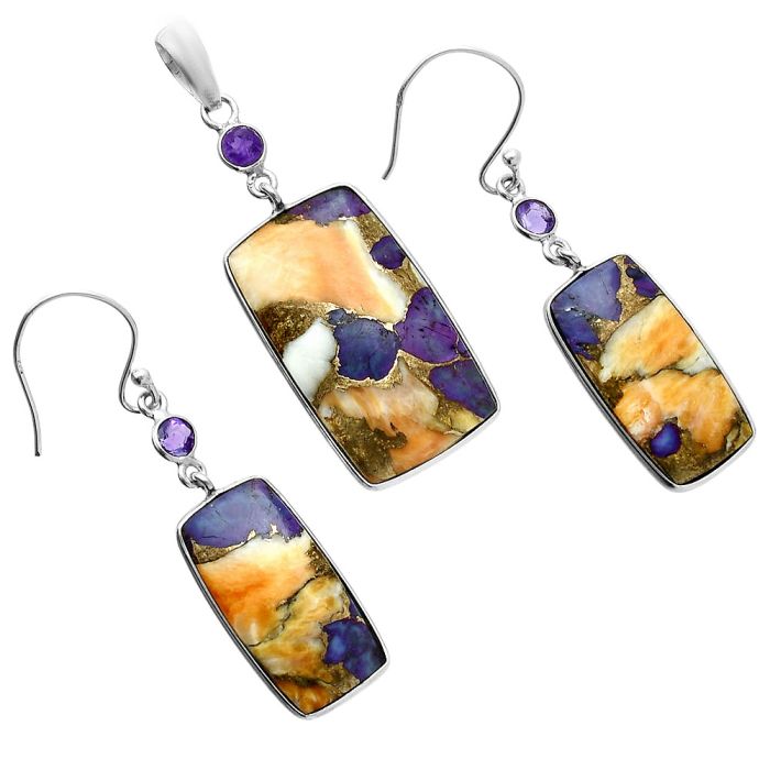 Spiny Oyster Turquoise and Amethyst Pendant Earrings Set EXT01583 T-1010, 16x26 mm