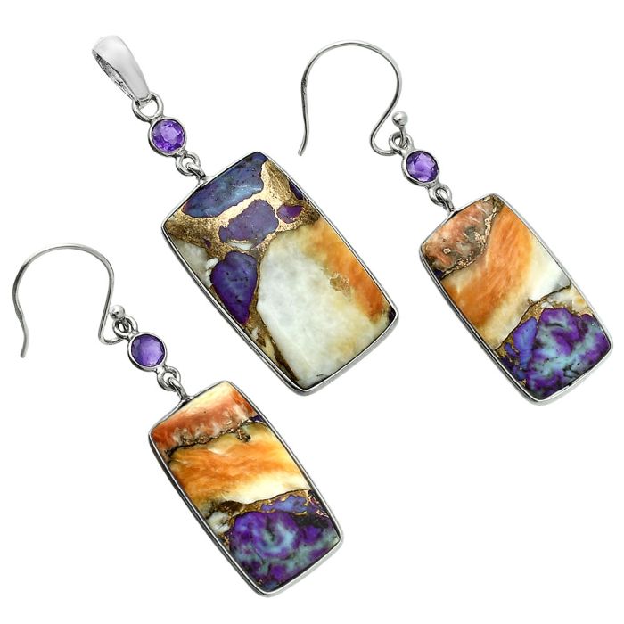 Spiny Oyster Turquoise and Amethyst Pendant Earrings Set EXT01584 T-1010, 16x26 mm