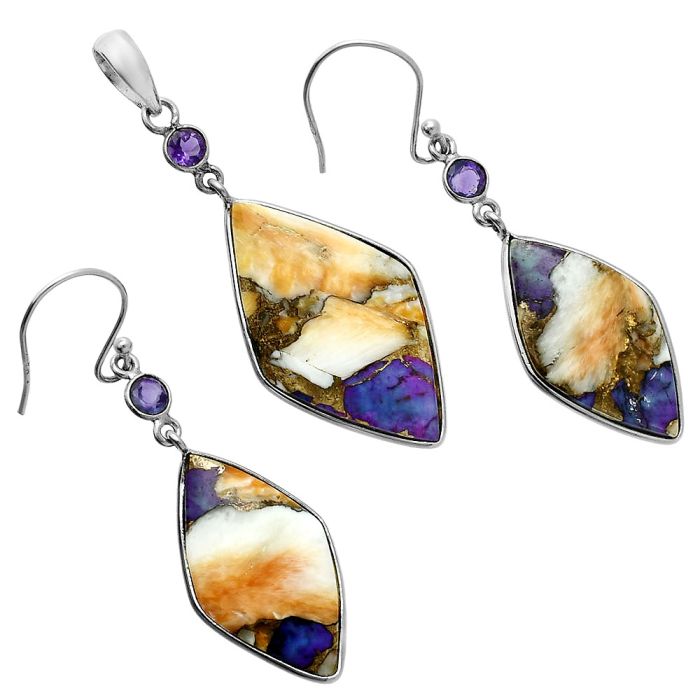 Spiny Oyster Turquoise and Amethyst Pendant Earrings Set EXT01585 T-1010, 18x30 mm