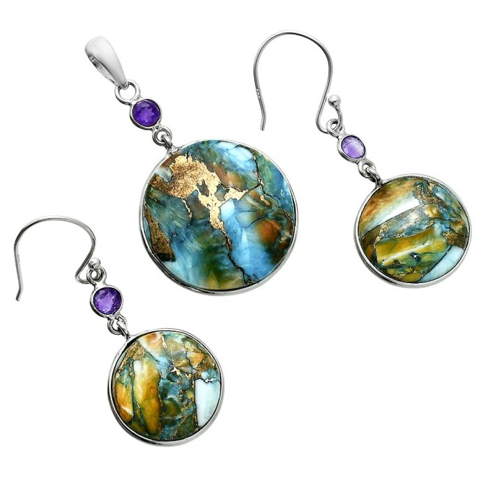 Spiny Oyster Turquoise and Amethyst Pendant Earrings Set EXT01588 T-1010, 21x21 mm